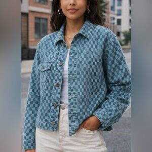 Future Collective Blue Checkered Denim Jacket – Size Small